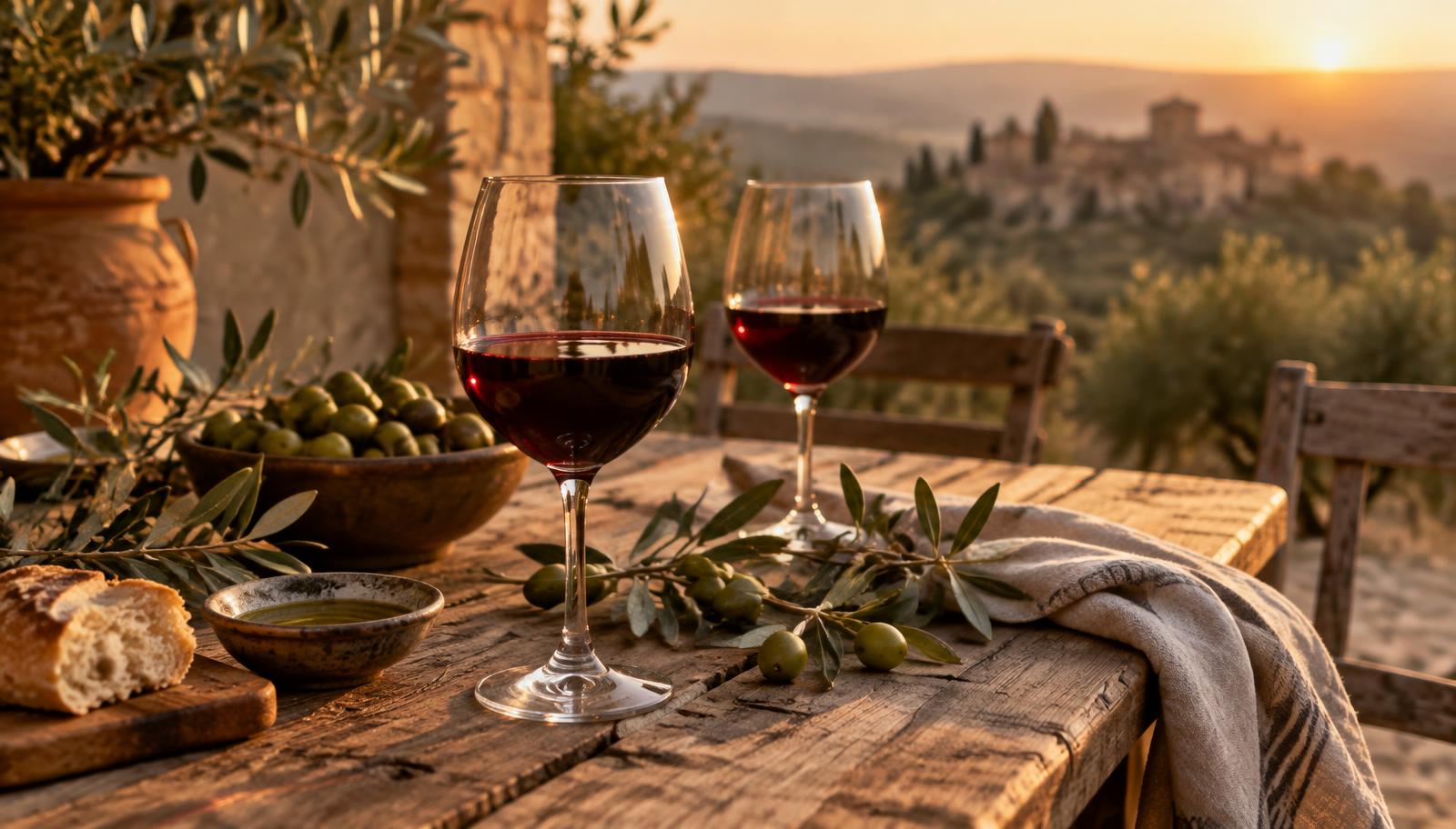 A wooden table set with wine, olives and olive branches at sunset