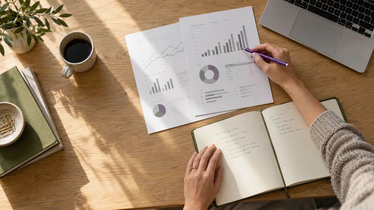 Hands reviewing printed sales charts and handwritten notes on a sunlit wooden desk beside a laptop and coffee